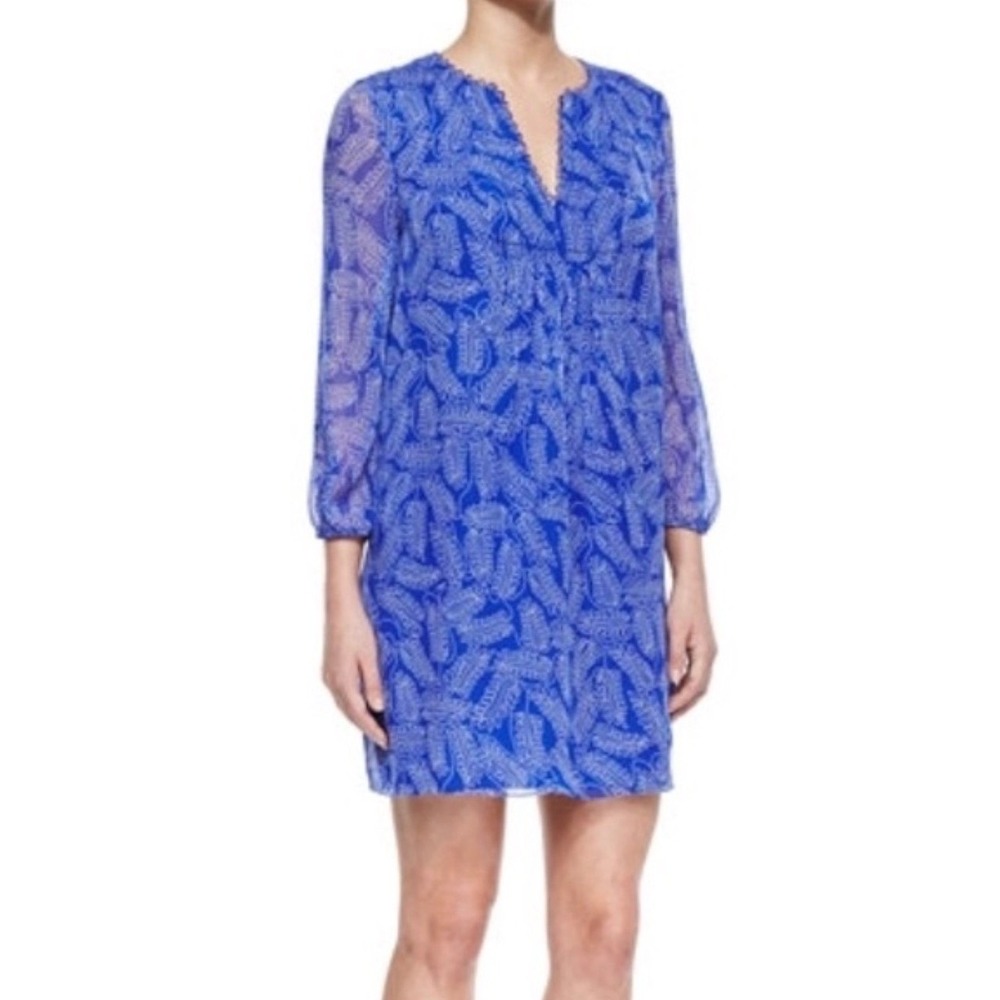 DIANE von FURSTENBERG Royal Blue White Leaf Print V Neck 3/4‎ Sleeve Dress Sz 14